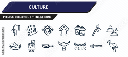 culture icons set - native american axes, pork ribs, native american skull, native american flute, australian emu outline vector collection.