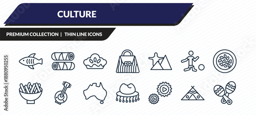 culture icons set - marine fish, egg roll, meat pie, native american wigwam, maracas couple outline vector collection.