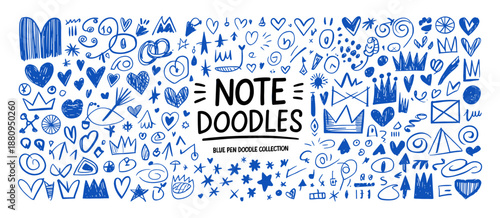 Blue hand drawn crayon doodles, scribbles and note elements. Hand drawn crayon or doodle vector design.