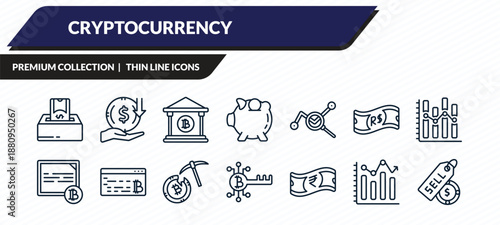 cryptocurrency icons set - donate, income, banking, market forecast, sell outline vector collection.