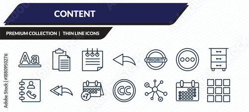 content icons set - text format, paste, note, weekend, thumbnails outline vector collection.