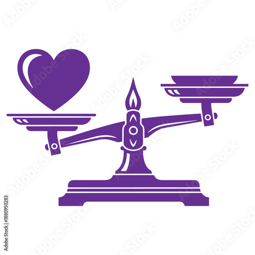 Purple Balance Scale with Heart Symbol and Candle Emotional Weighing Concept