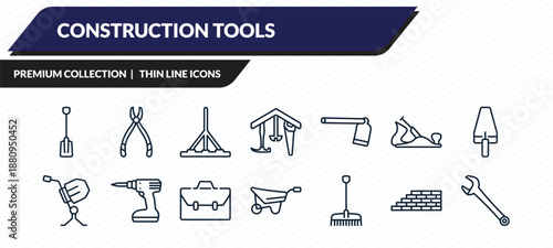 construction tools icons set - working shovel, plier, bump cutter, brick wall, repair wrench outline vector collection.