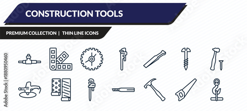 construction tools icons set - plumbing pipes, pantone, blade saw, saw, hook with cargo outline vector collection.