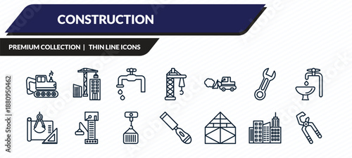 construction icons set - backhoes, constructions, stopcock, , big clippers outline vector collection.