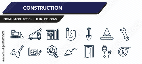 construction icons set - bulldozer, crane truck, big building, clippers, five meters ruler outline vector collection.
