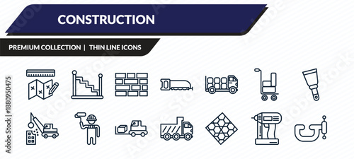 construction icons set - measures plan, stairs with handle, birck wall, nail gun, vise outline vector collection.