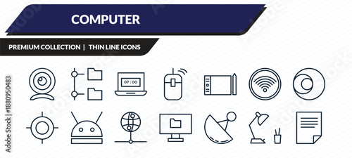 computer icons set - webcamera, connected folder data, morning work, study lamp, data page outline vector collection.