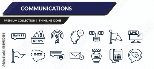 communications icons set - swearing, news anchor, broadcasting, digital phone, i love you outline vector collection.