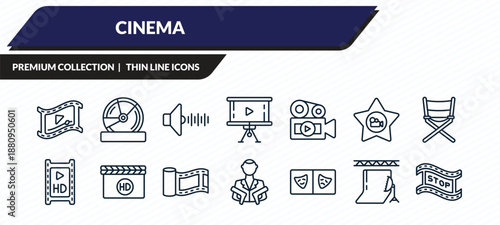 cinema icons set - video clip, dvd, sound effect, studio, freeze frame outline vector collection.