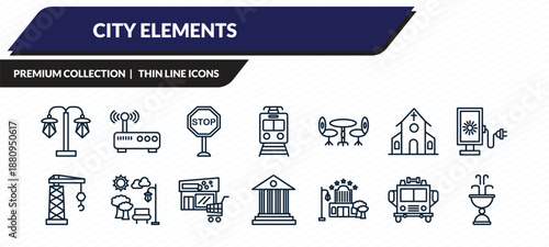 city elements icons set - street light, gat, stop, fire truck, fountain outline vector collection.