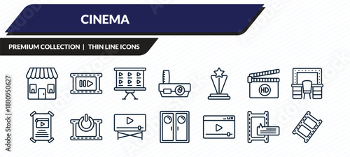 cinema icons set - ticket office, slow motion, storyboard, subtitle, filmstrip outline vector collection.