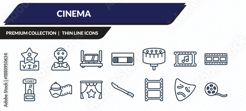 cinema icons set - vip person, ventriloquist, home cinema, tragedy, movie reel outline vector collection.