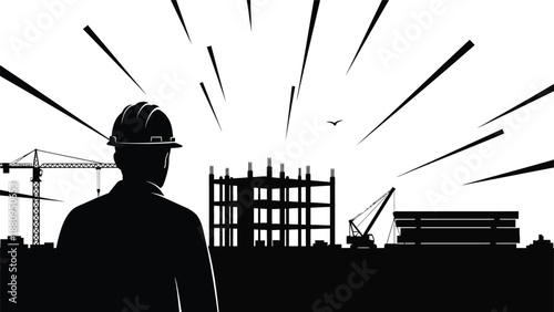 construction worker in hard hat looking out at building site silhouette high quality professional detailed modern elegant stylish clean crisp vibrant