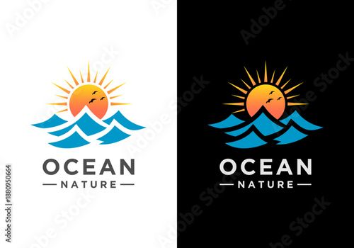 Ocean wave vector logo design. Simple ocean wave vector logo with sunrise or sunset combination. Vector nautical feel logo.