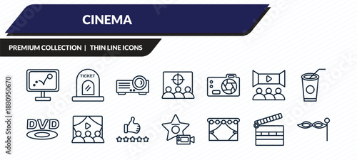 cinema icons set - animation, cinema ticket window, image projector, cinema clapperboard, small carnival mask outline vector collection.