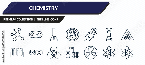 chemistry icons set - molecular, cell division, volumetric, atomic, scientific outline vector collection.