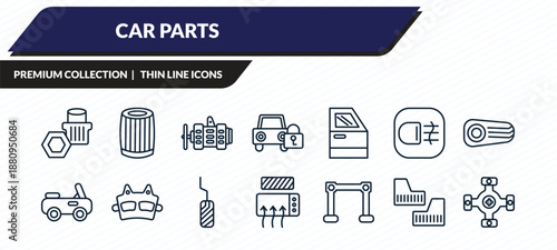 car parts icons set - car wheel nut, car oil filter, alternator, mud flap, universal joint outline vector collection.