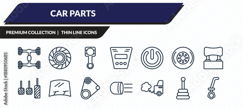 car parts icons set - car chassis, car clutch, connecting rod, transmission, dipstick outline vector collection.