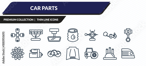 car parts icons set - car wheel brace, car manifold, rear-view mirror, distributor cap, brake light outline vector collection.