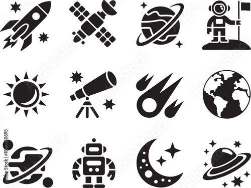 Astronomy and space themed icon set featuring rockets, planetary orbits, satellites, and an astronaut on the moon in black and white. Vector