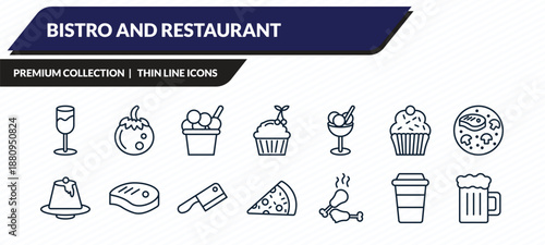 bistro and restaurant icons set - wide glass, fresh tomato, ice cream cup, cardboard cup, foamy beer jar outline vector collection.