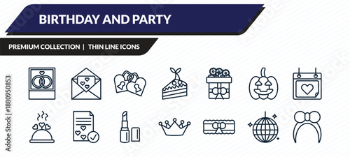 birthday and party icons set - wedding photo, wedding invitation, love padlock, mirror ball, headband outline vector collection.
