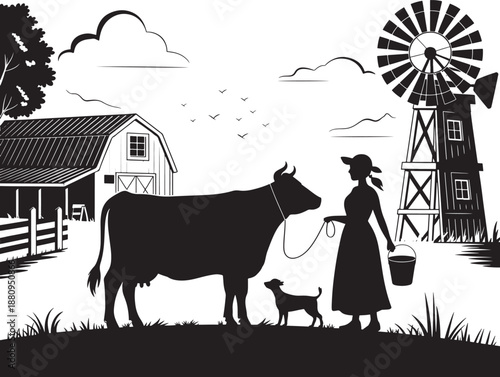 Idyllic rural farm scene silhouette with a milkmaid, dairy cow, dog, traditional barn, and windmill on a clear day. Vector