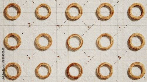 Woven straw rings arranged on grid paper background
