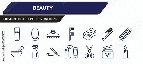 beauty icons set - moustache product, exfoliating mitt, hair clamp, feet cream, candle light outline vector collection.