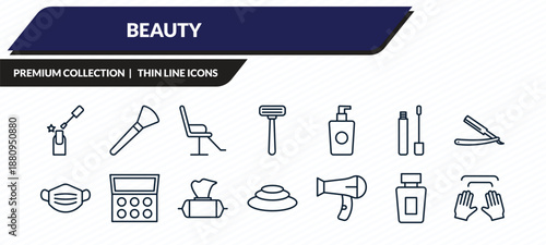 beauty icons set - manicure, inclined makeup brush, beauty salon chair, french perfume, massage outline vector collection.