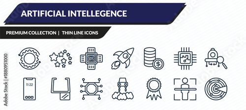 artificial intellegence icons set - processing, outer space, nano sensor, body scan, detection outline vector collection.