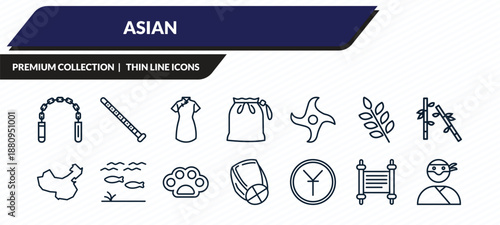 asian icons set - nunchaku, dizi, chinese dress, scrolls, ninja outline vector collection.