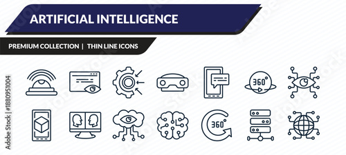 artificial intelligence icons set - motion, page views, goals, big data, outline vector collection.