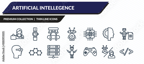 artificial intellegence icons set - shop assistant, wristwatch, high speed tube, robots and humans, code outline vector collection.
