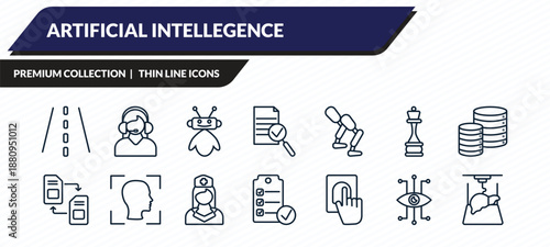 artificial intellegence icons set - road, assistant, robot assistant, bionic eye, organ printing outline vector collection.