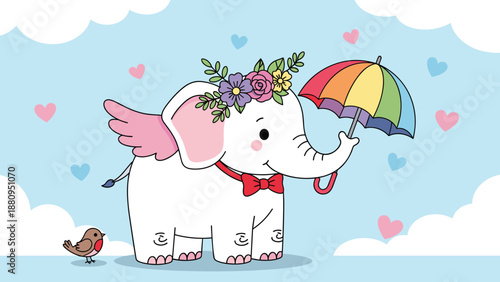 Cute cartoon white elephant with pink wings holding rainbow umbrella and wearing flower crown vector illustration isolated on blue sky background for children.