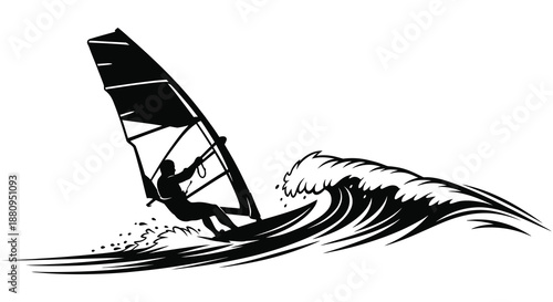 A striking black and white depiction of a windsurfer riding a wave capturing the dynamic energy of water sports silhouette
