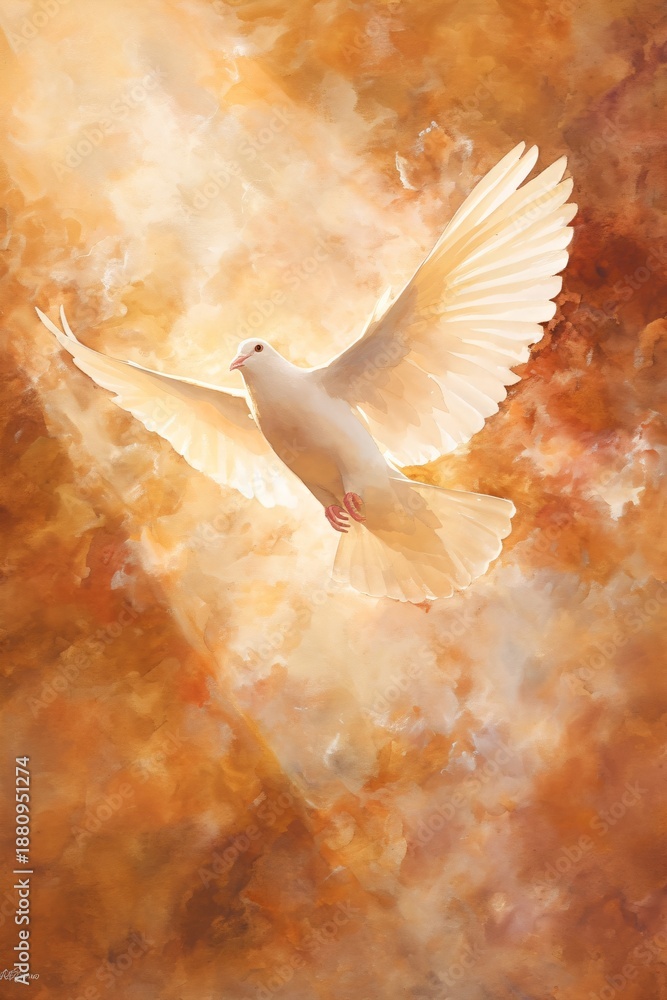 Obraz premium White dove flying with wings spread, light shining against an ethereal background, concept of peace, spirit, and biblical stories.