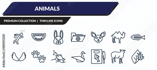 animals icons set - drunk, monster mouth, animal, lamb side view, bug on leaf outline vector collection.