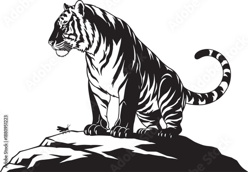Majestic tiger sitting on a rock calmly observing a small grasshopper insect, peaceful nature wildlife encounter in black and white vector. Vector