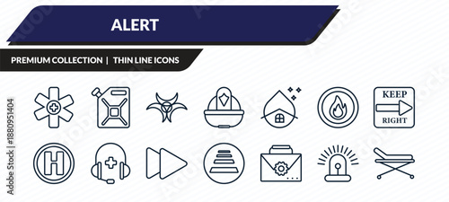 alert icons set - medical, jerrycan, biological hazard, siren, stretcher outline vector collection.