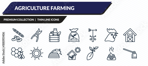 agriculture farming icons set - legume, pruners, farm products, poo, hoe outline vector collection.