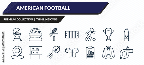 american football icons set - with wheels, hamburger, american football goal, hoodie, whistle outline vector collection.