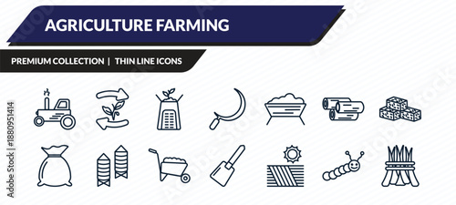 agriculture farming icons set - harvester, crop rotation, composter, caterpillar, hay outline vector collection.