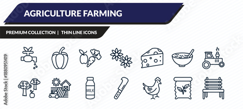 agriculture farming icons set - irrigation, capsicum, vegetable, seed bag, garden bench outline vector collection.
