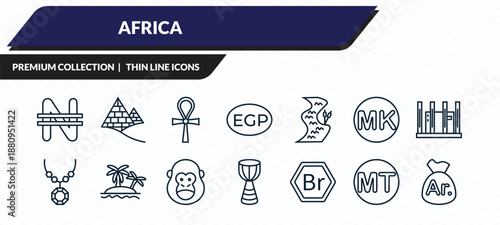 africa icons set - nigerian naira, pyramids, ankh, mozambican metical, malagasy ariary outline vector collection.
