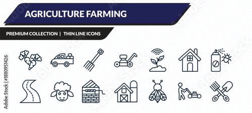 agriculture farming icons set - carrots, pickup, farming fork, lawnmower, pitchfork outline vector collection.