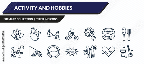 activity and hobbies icons set - meditating, beatboxing, freestyle, heart rate, cleaning outline vector collection.