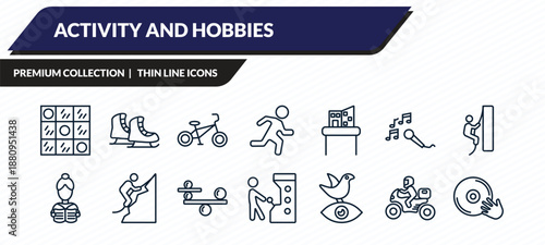 activity and hobbies icons set - checkers, ice skating, bmx, motorcycle, disc jockey outline vector collection.